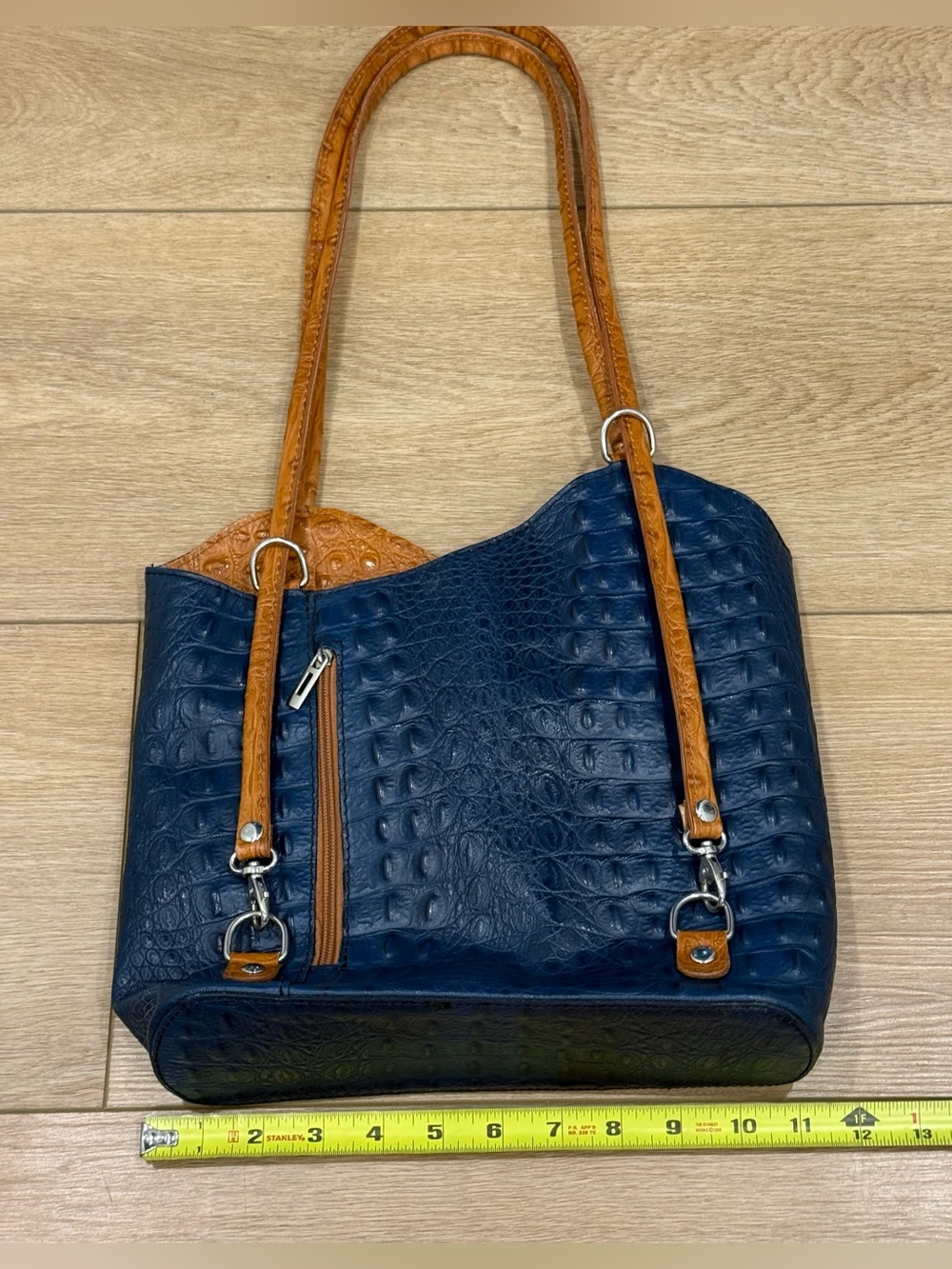 Italian Genuine Leather Croc Embossed Tote Bag Blue Cognac Shoulder Purse - Picture 10 of 12